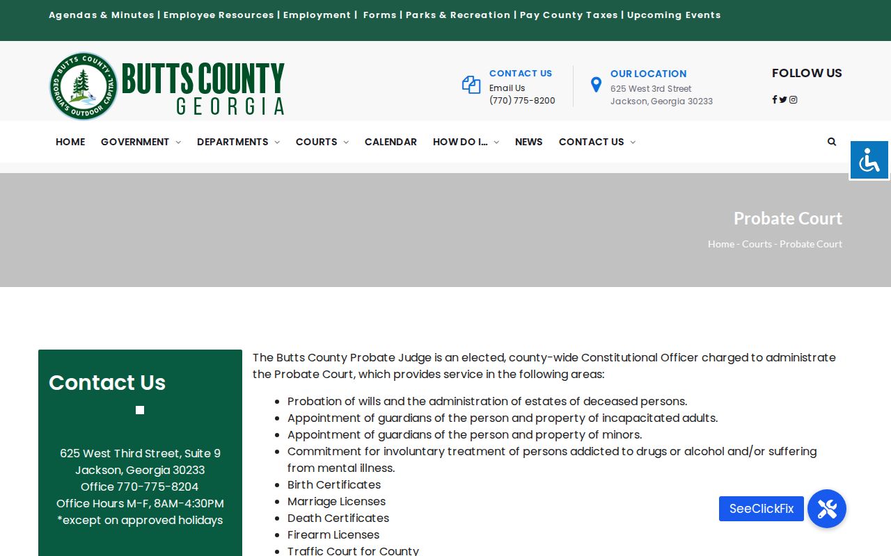 Butts County Probate Court page for county traffic court